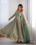 Sage Green Fancy Silk Anarkali Gown with Pant Dupatta Sequence Work Festive