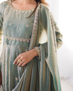 Sage Green Fancy Silk Anarkali Gown with Pant Dupatta Sequence Work Festive