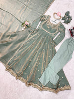 Sage Green Fancy Silk Anarkali Gown with Pant Dupatta Sequence Work Festive