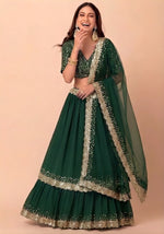 Green Georgette Lehenga Choli with Dupatta | Zari Sequins Embroidery Semi-Stitched Party Wear