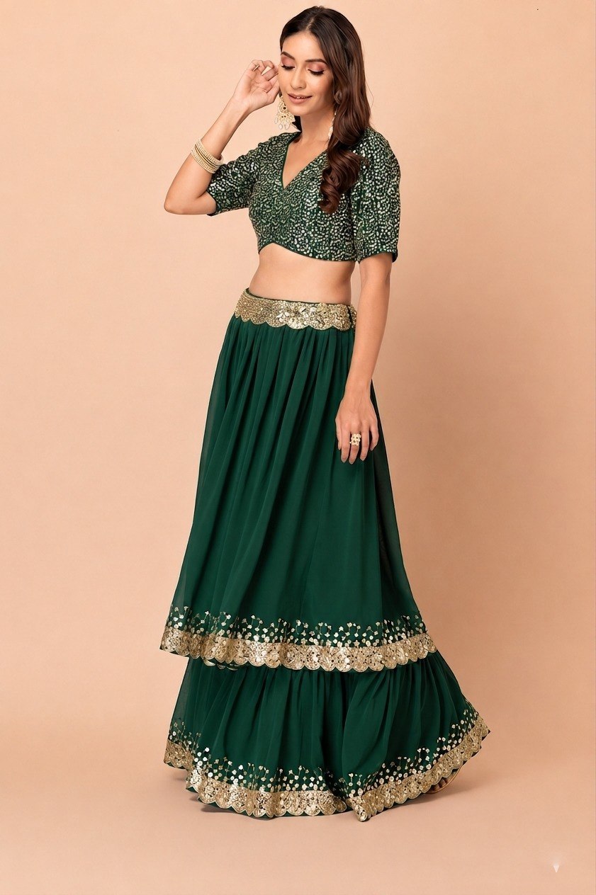 Green Georgette Lehenga Choli with Dupatta | Zari Sequins Embroidery Semi-Stitched Party Wear