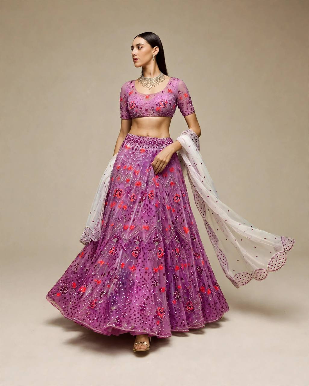 Purple Butterfly Net Lehenga Choli with Dupatta | Sequins Embroidery Semi-Stitched Party Wear