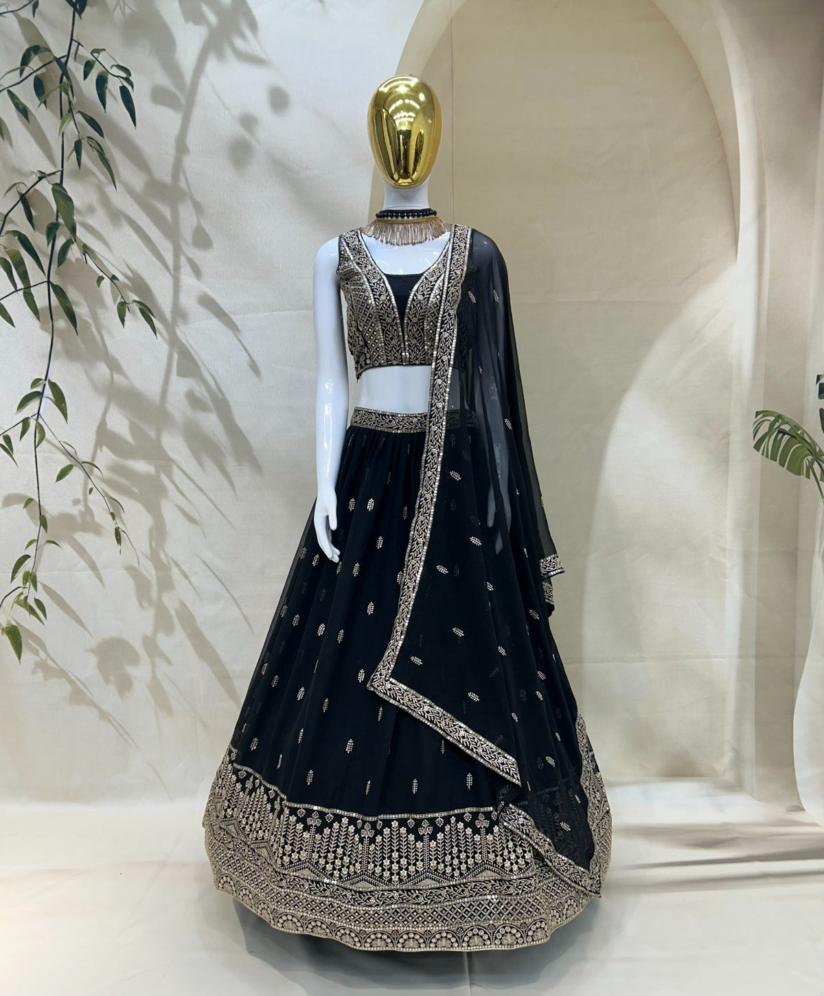 Black Georgette Lehenga Choli with Dupatta | Zari Sequins Embroidery Semi-Stitched Party Wear