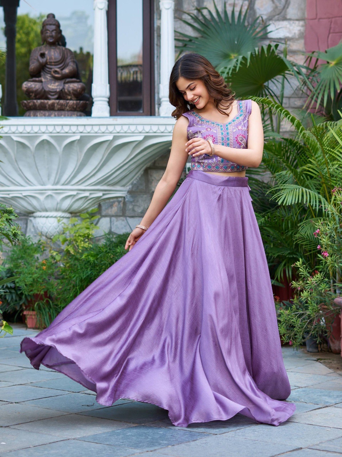 Lavender Vichitra Lehenga Choli with Embroidery Koti Set