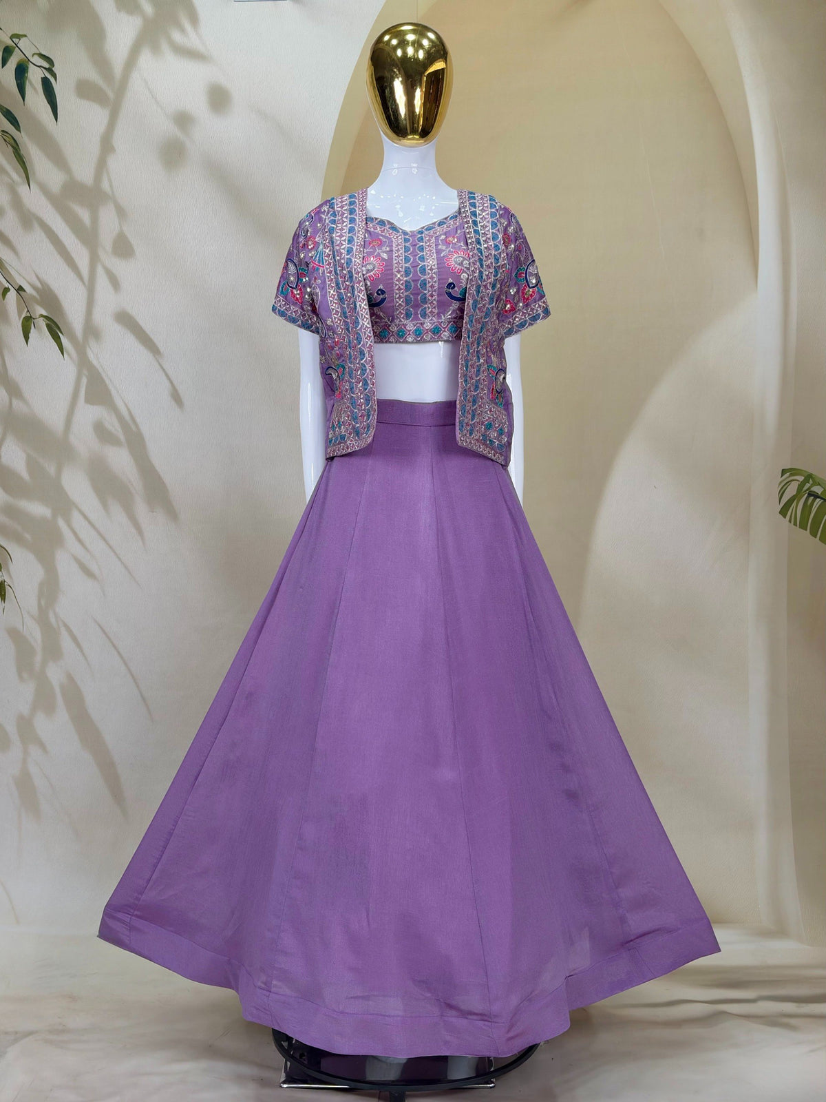 Lavender Vichitra Lehenga Choli with Embroidery Koti Set