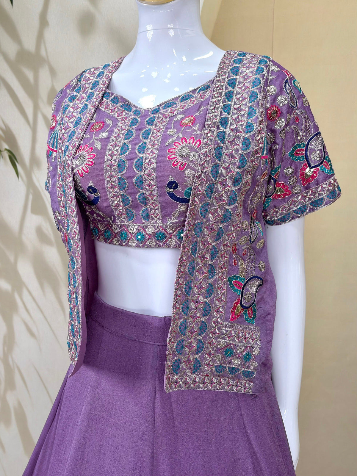 Lavender Vichitra Lehenga Choli with Embroidery Koti Set