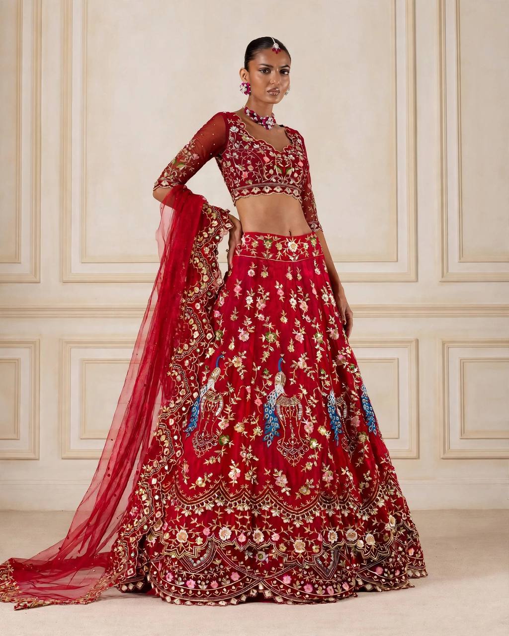 Red embroidered blouse front neck design with sequins work