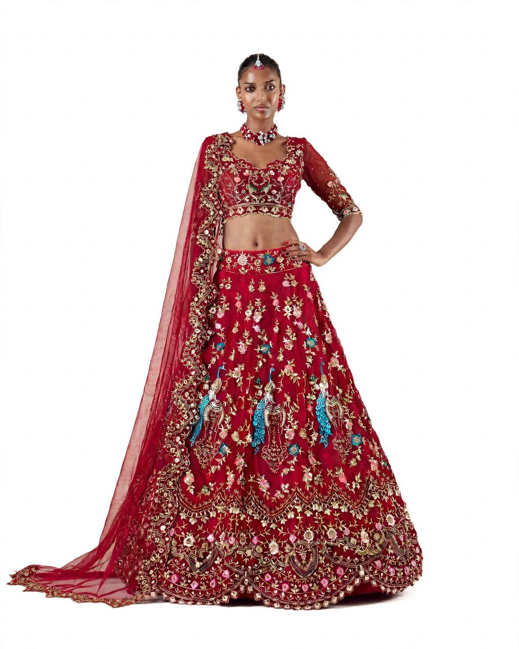 Back neck design of red Faux Georgette embroidered blouse