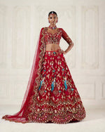 Red cut work dupatta with sequins embroidery border detail