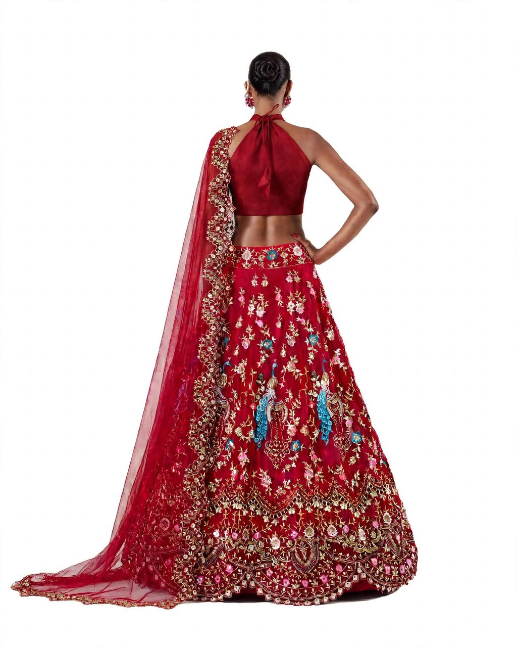 Red semi-stitched lehenga with can-can and canvas patta layers