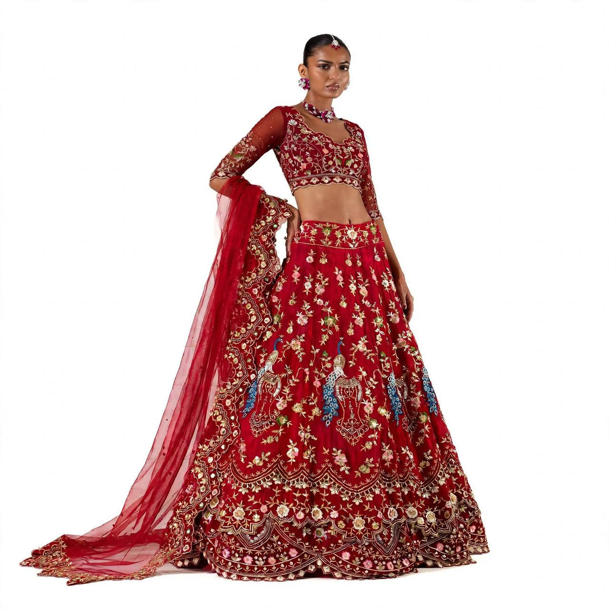 Complete red lehenga set with blouse and cut work dupatta