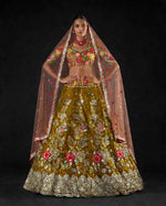 Olive green Jimmy Choo lehenga choli front view on model