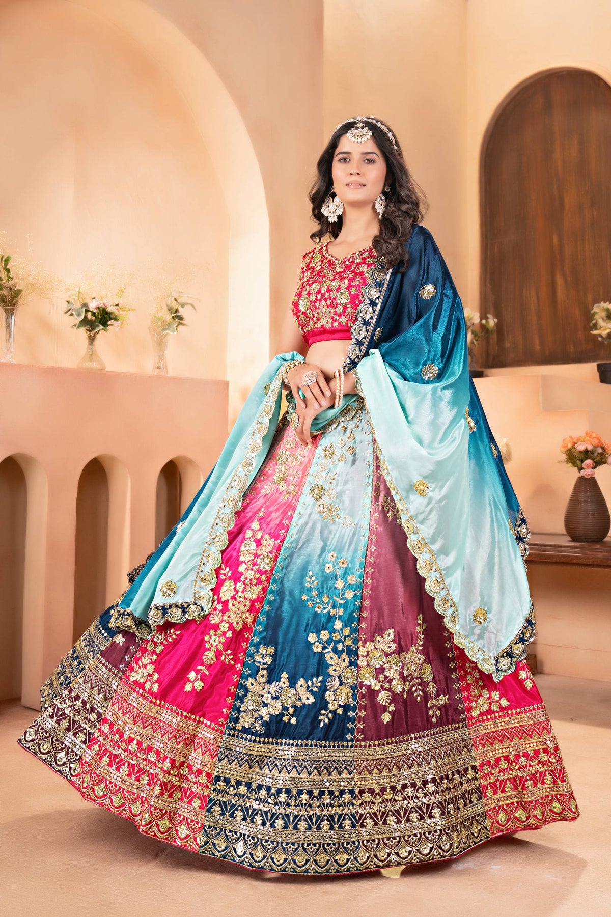 Multi Color ChinonLehenga CholiFor Wedding Look