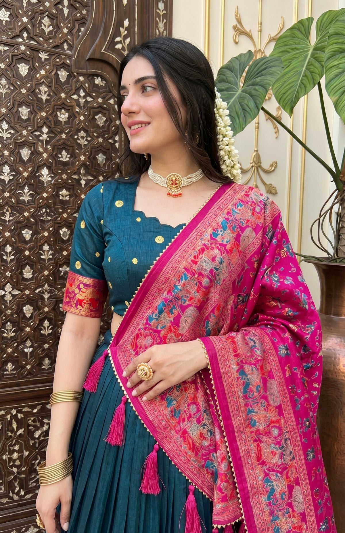 Beautiful Navy Blue Color Tusser Silk Lehenga Choli