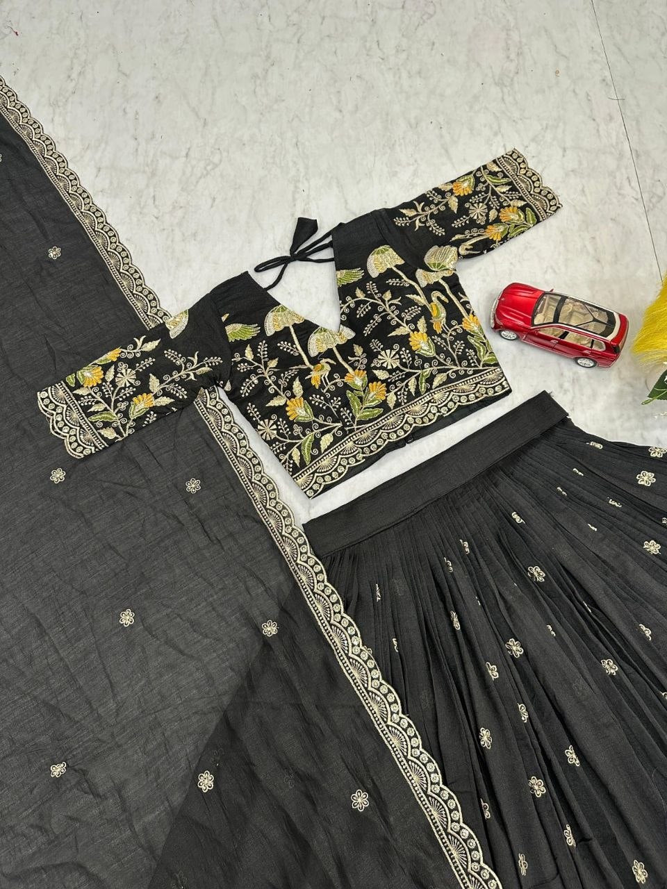 Black Color Designer Chinon Silk Lehenga Choli