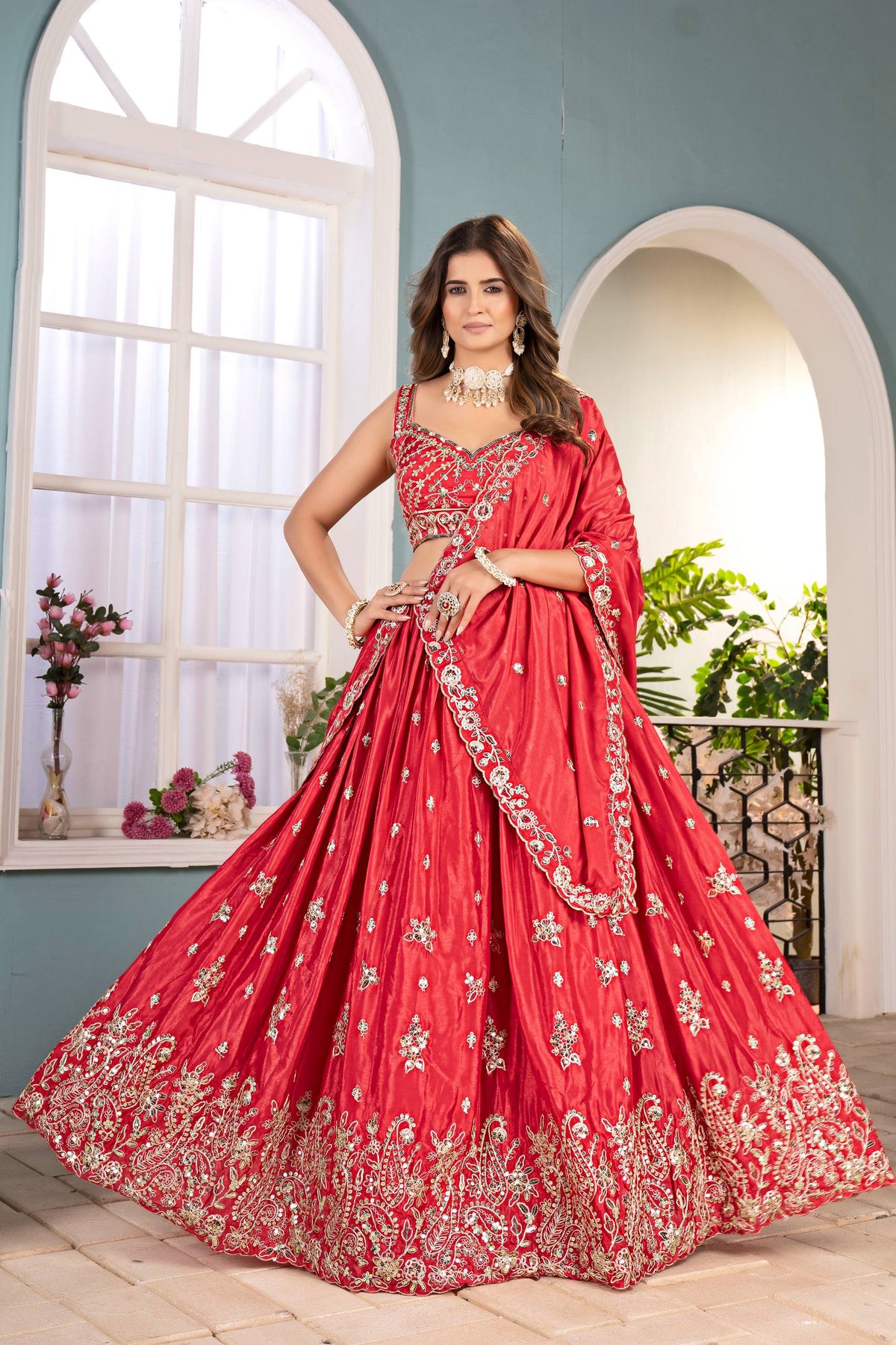 Designer Chinon Silk Embroidery Lehenga Choli
