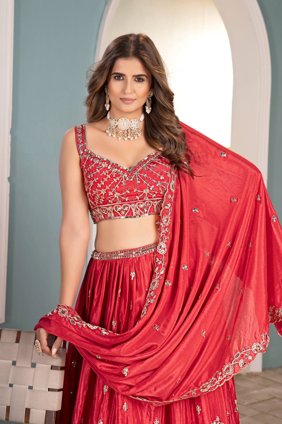 Designer Chinon Silk Embroidery Lehenga Choli