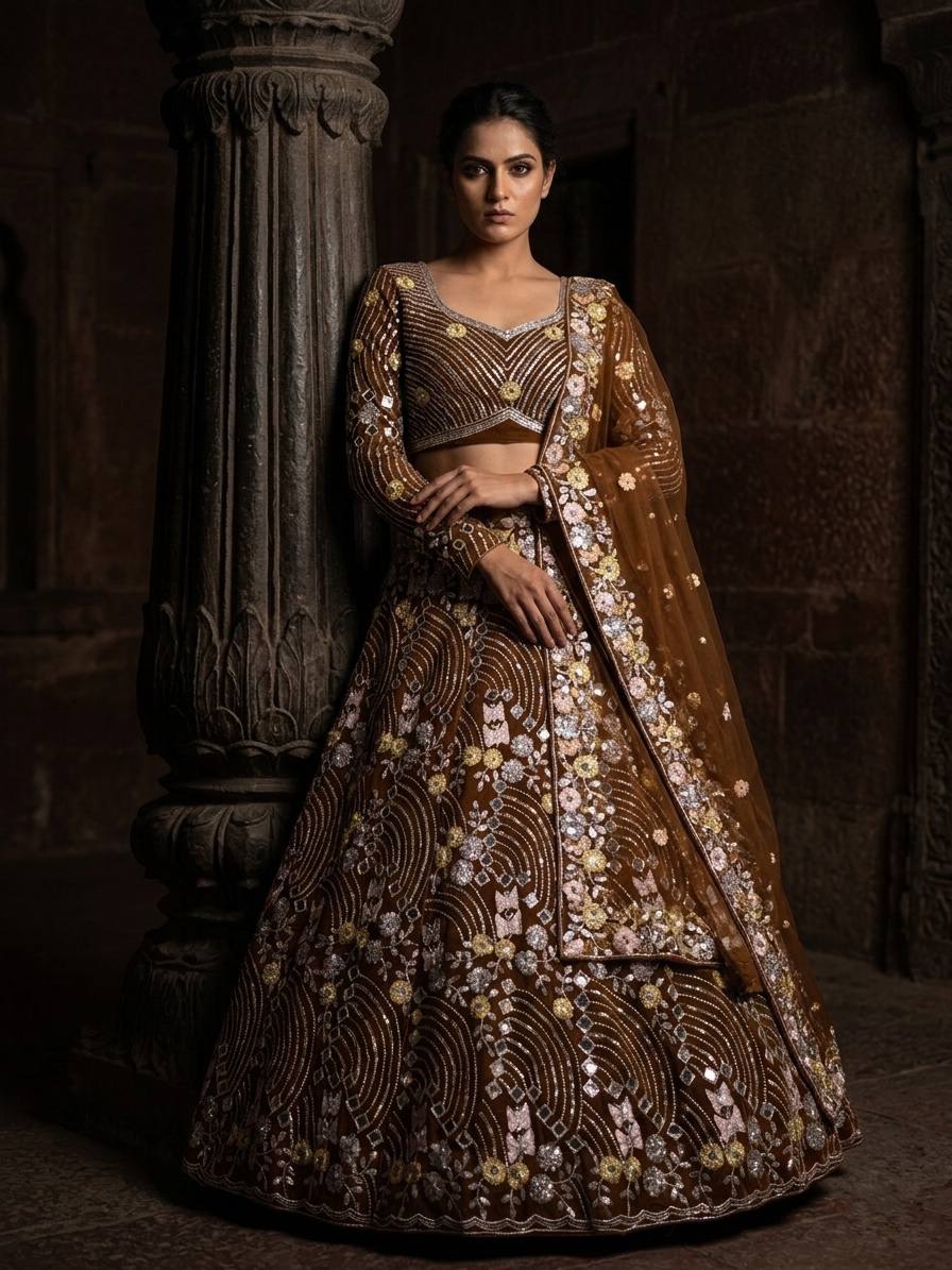 Royal Mirror Work Butterfly Net Lehenga Choli with Dupatta