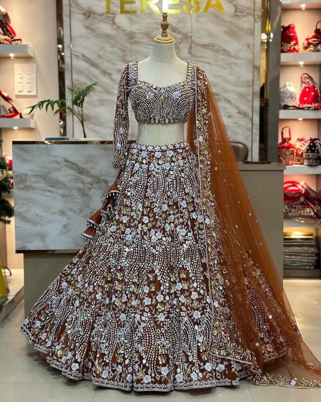 Royal Mirror Work Butterfly Net Lehenga Choli with Dupatta