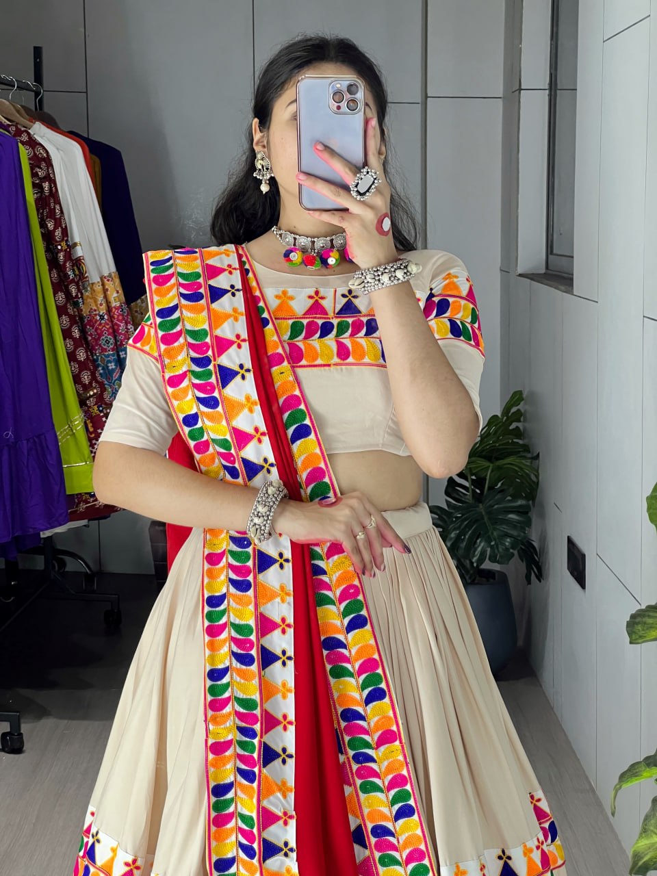 Navratri Traditional Gamthi Work Rayon Cotton Lehenga Choli