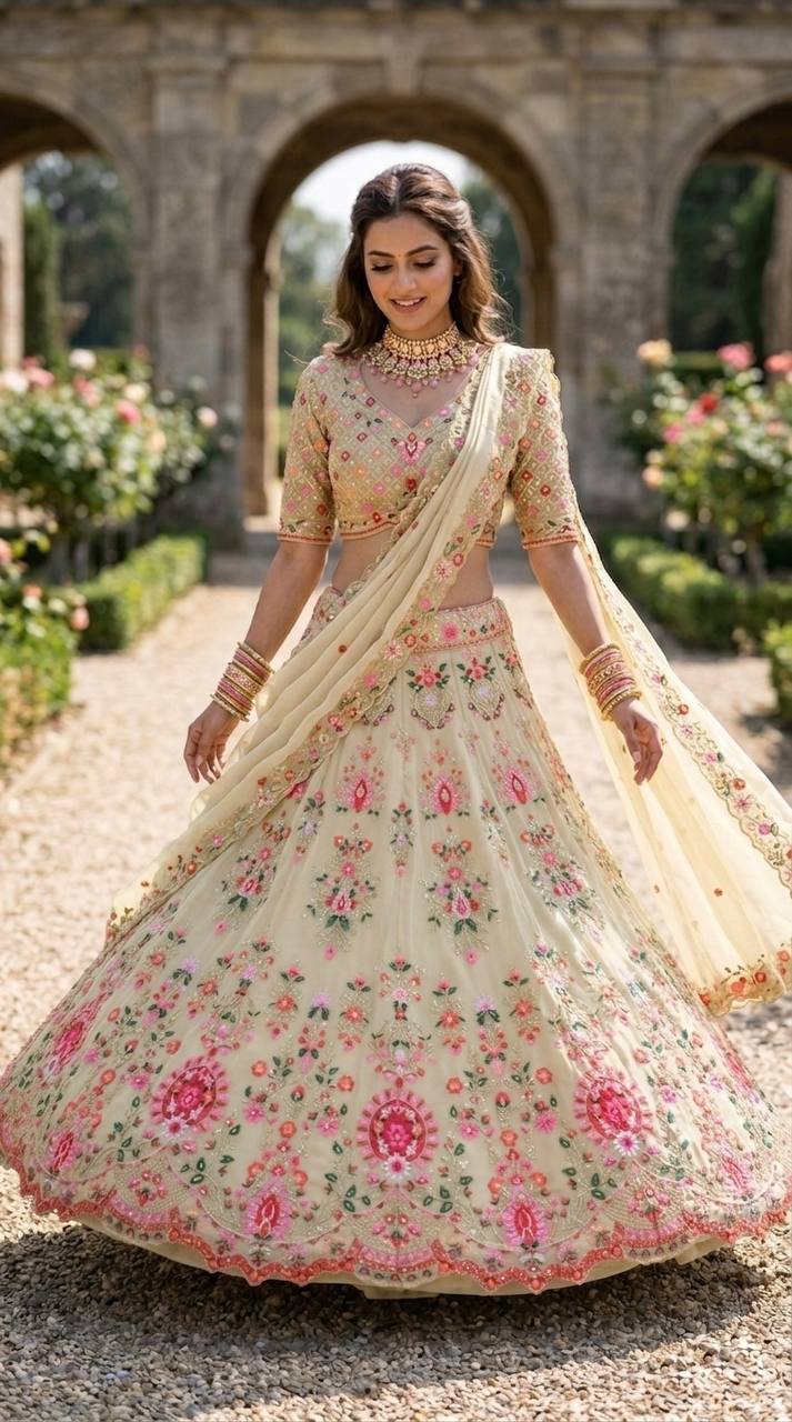 White Designer Faux Georgette Lehenga Choli with Embroidery Work