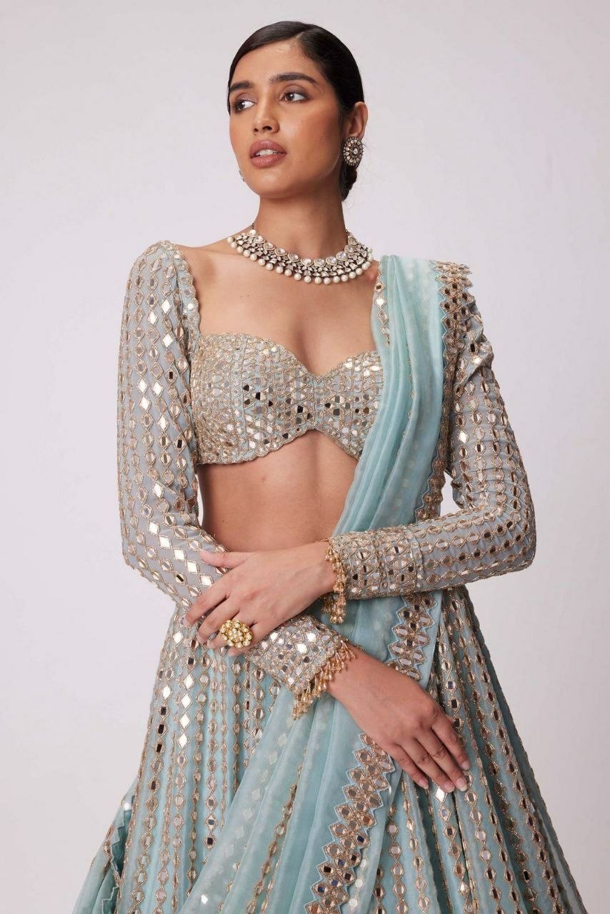 Luxury Sky Blue Color Rangoli SilkEmbroidery Lehenga Choli