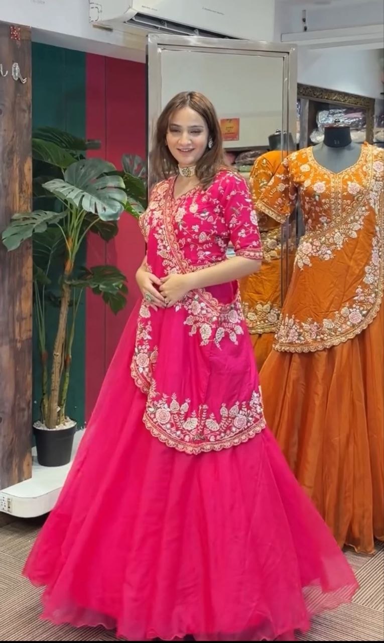 Gorgeous Pink Embroidered Crunshi Lehenga Choli