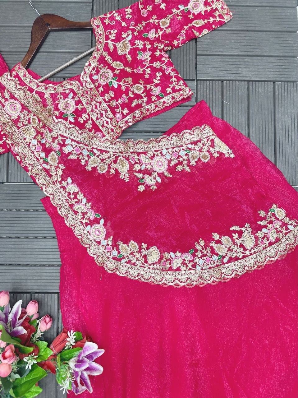 Gorgeous Pink Embroidered Crunshi Lehenga Choli