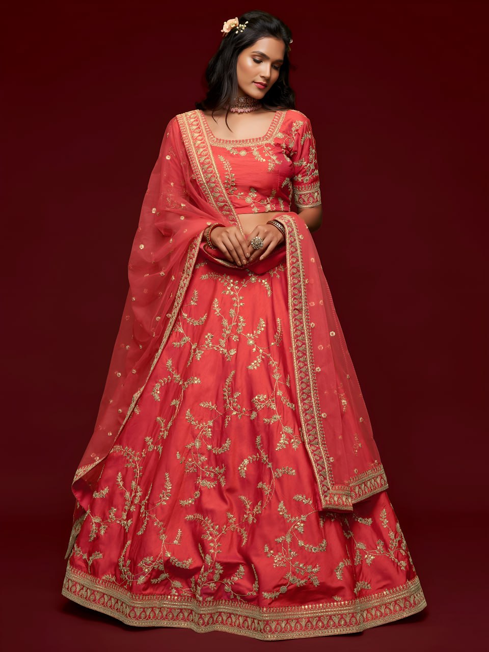 PremiumCoral Red Art Silk Embroidered Lehenga Choli