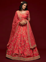 PremiumCoral Red Art Silk Embroidered Lehenga Choli