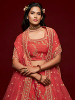 PremiumCoral Red Art Silk Embroidered Lehenga Choli
