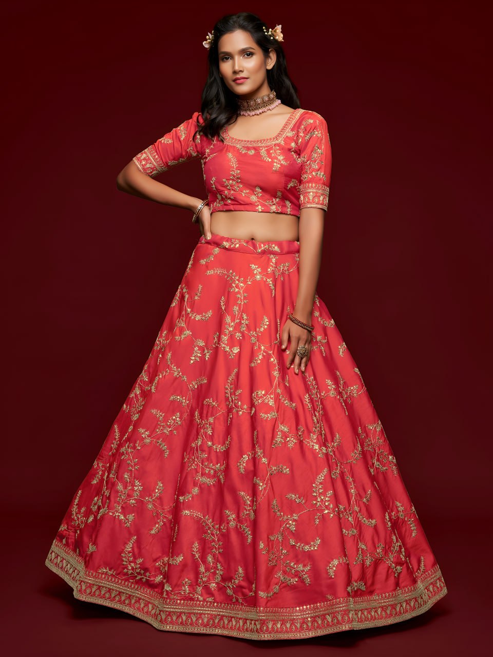 PremiumCoral Red Art Silk Embroidered Lehenga Choli