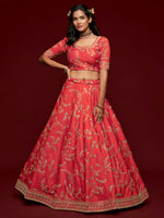 PremiumCoral Red Art Silk Embroidered Lehenga Choli