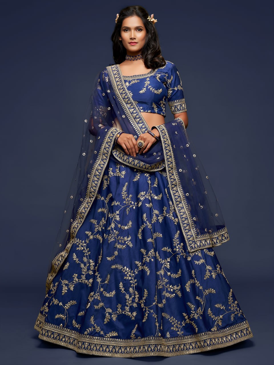 Premium Navy Blue Art Silk Embroidered Lehenga Choli