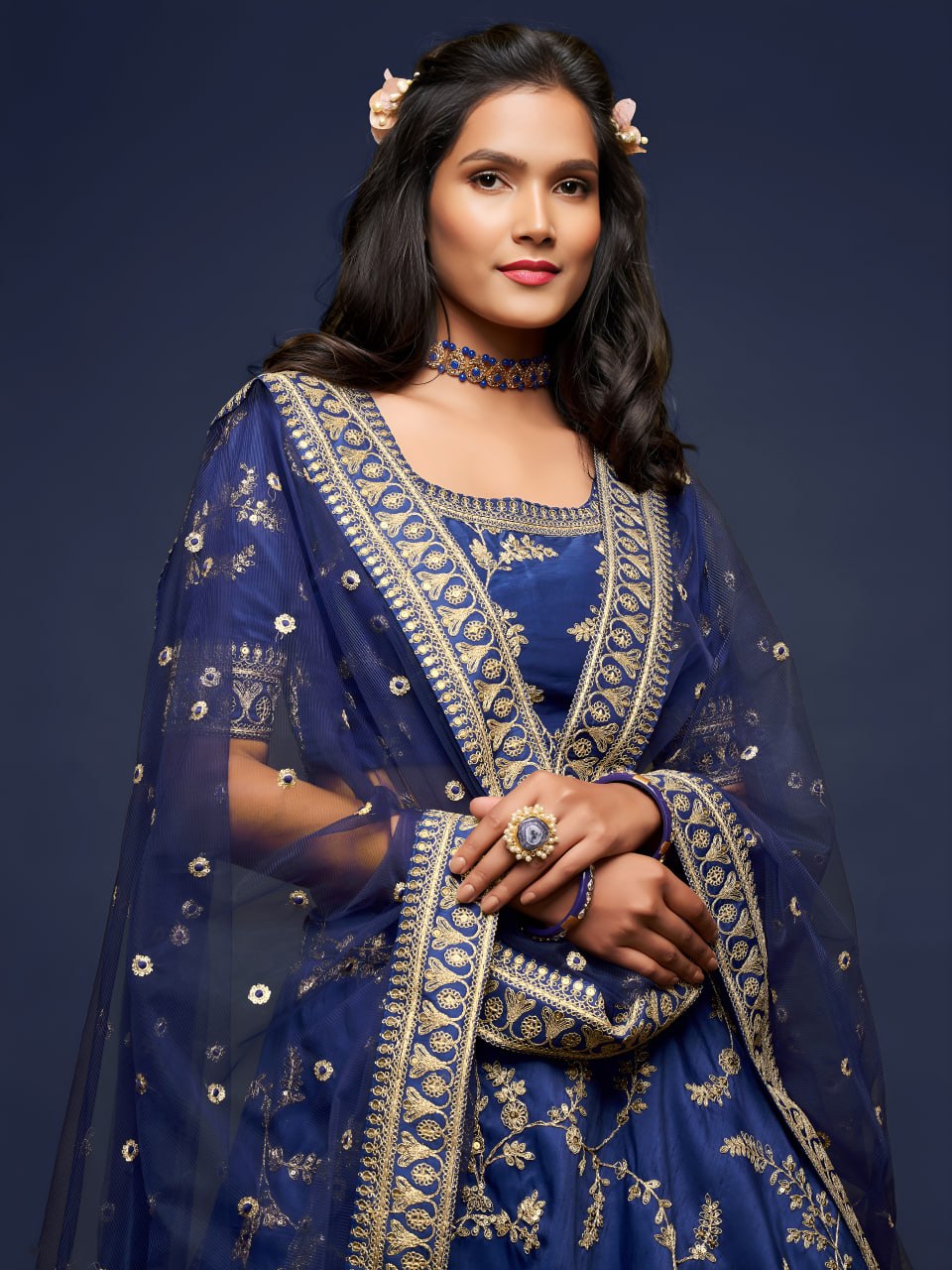 Premium Navy Blue Art Silk Embroidered Lehenga Choli
