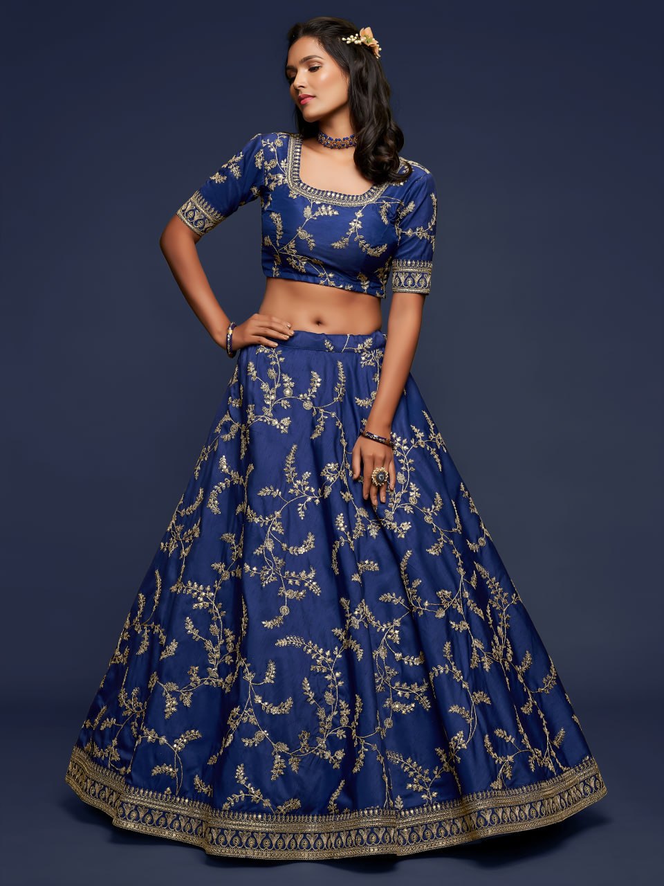 Premium Navy Blue Art Silk Embroidered Lehenga Choli