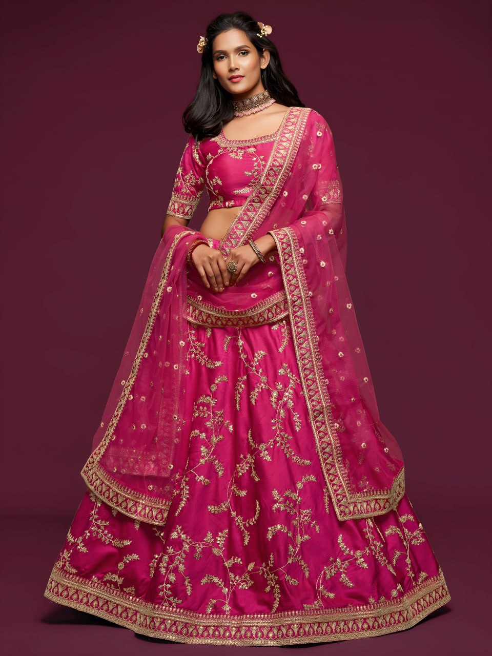 Premium Bright Pink Art Silk Embroidered Lehenga Choli