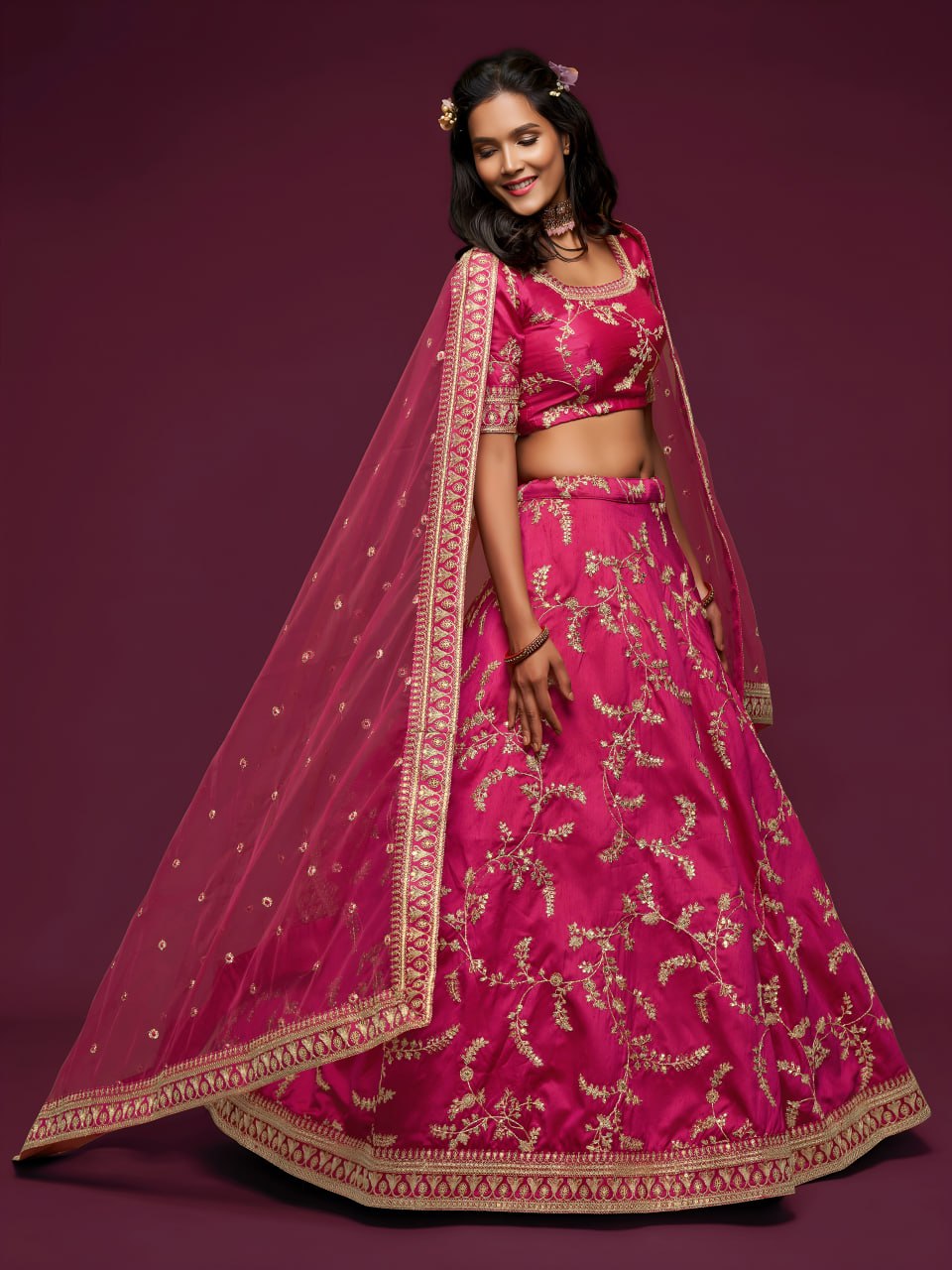 Premium Bright Pink Art Silk Embroidered Lehenga Choli