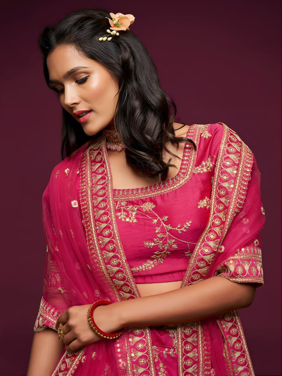Premium Bright Pink Art Silk Embroidered Lehenga Choli