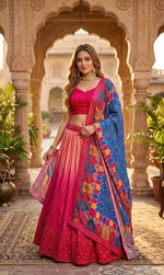 Designer Red With Blue Chinon Silk Lehenga Choli