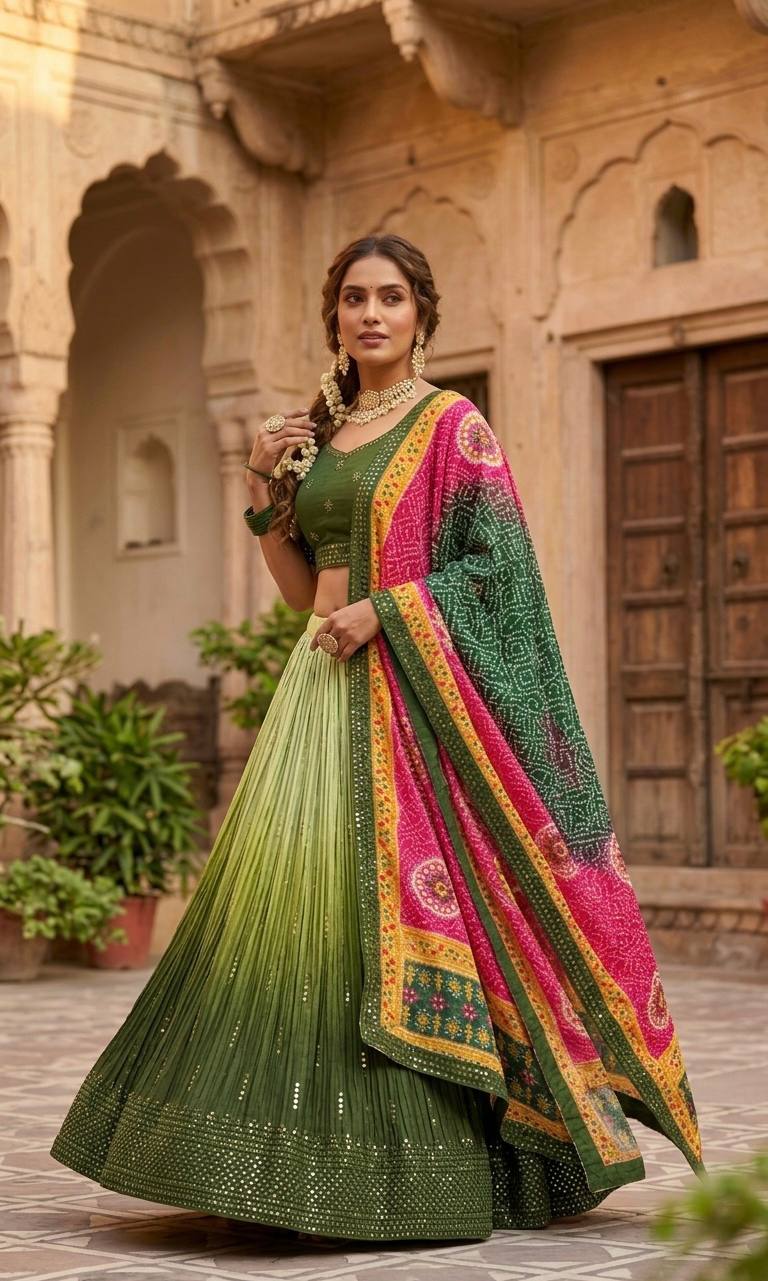 Designer Green Color Chinon Silk Lehenga Choli