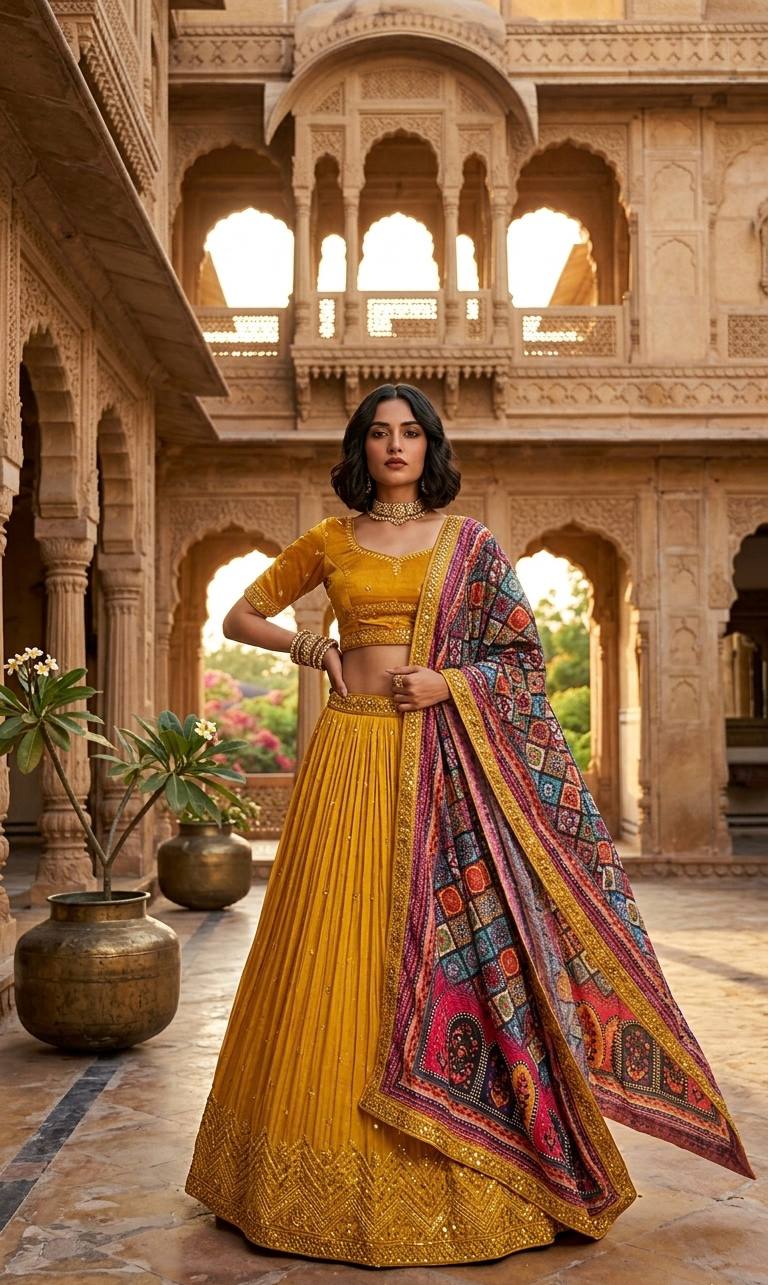Designer Yellow Color Chinon Silk Lehenga Choli