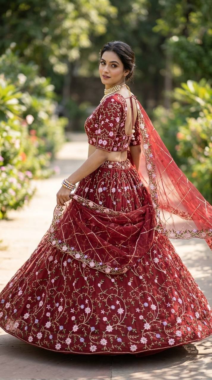 Red Color Embroidered Soft Net Lehenga Choli