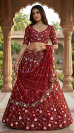 Red Color Embroidered Soft Net Lehenga Choli