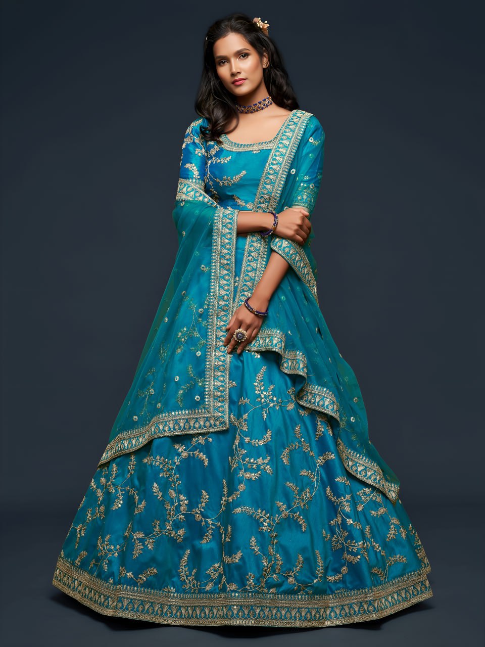 Premium Teal Blue Art Silk Embroidered Lehenga Choli