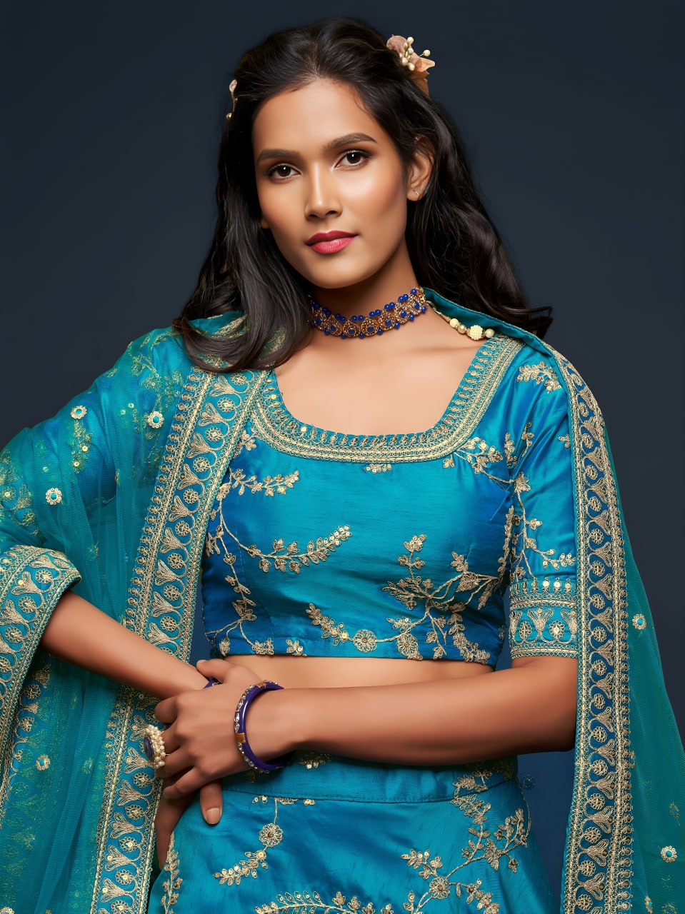 Premium Teal Blue Art Silk Embroidered Lehenga Choli