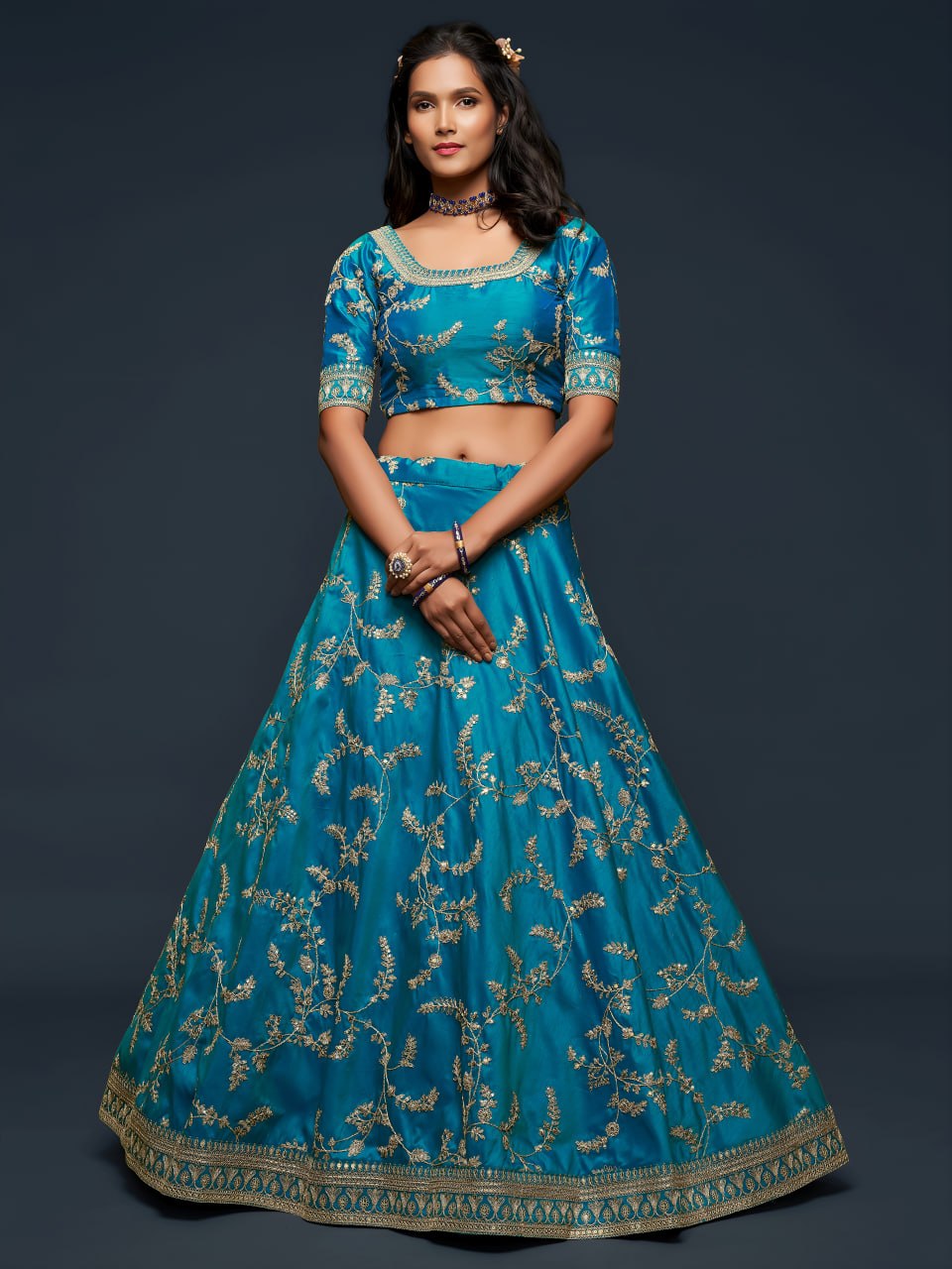 Premium Teal Blue Art Silk Embroidered Lehenga Choli