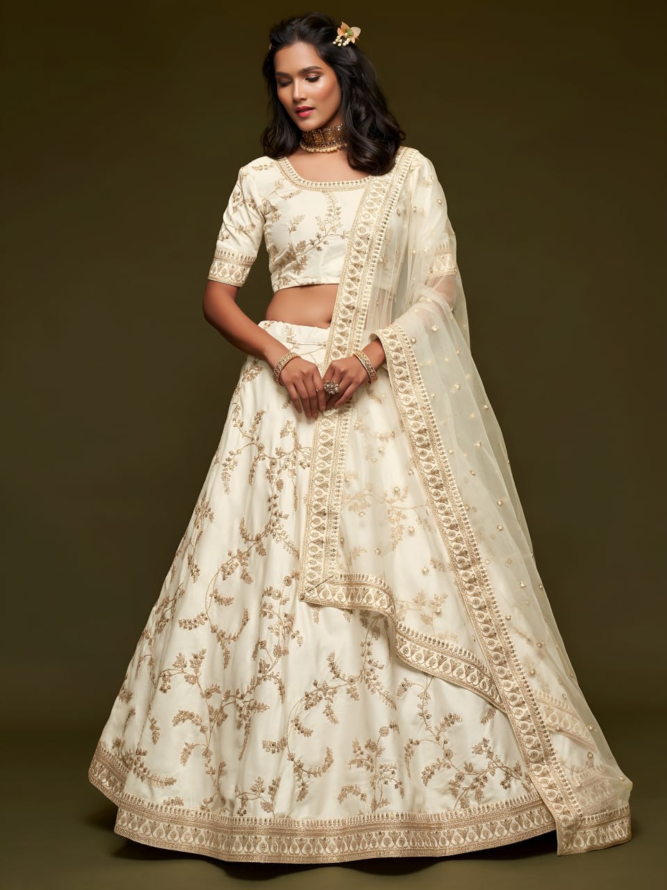 Premium White Color Art Silk Embroidered Lehenga Choli