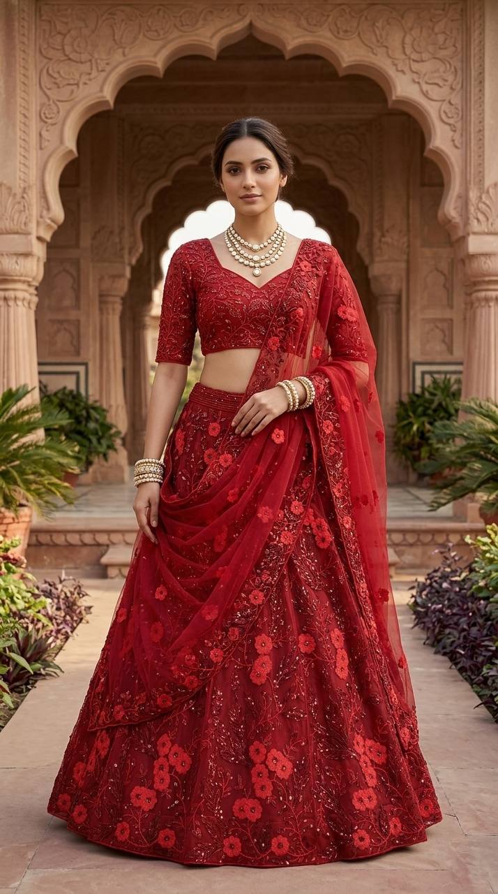 Red Soft Net Embroidered Sequins Work Lehenga Choli