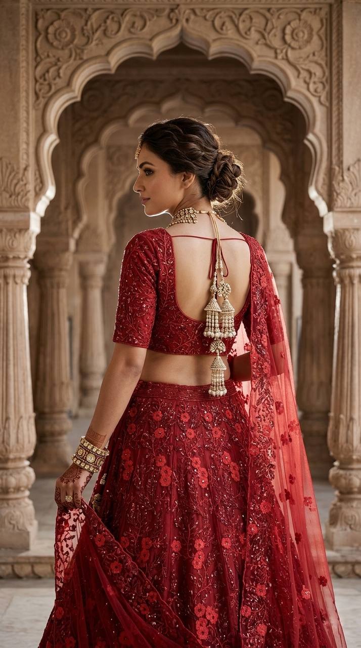 Red Soft Net Embroidered Sequins Work Lehenga Choli